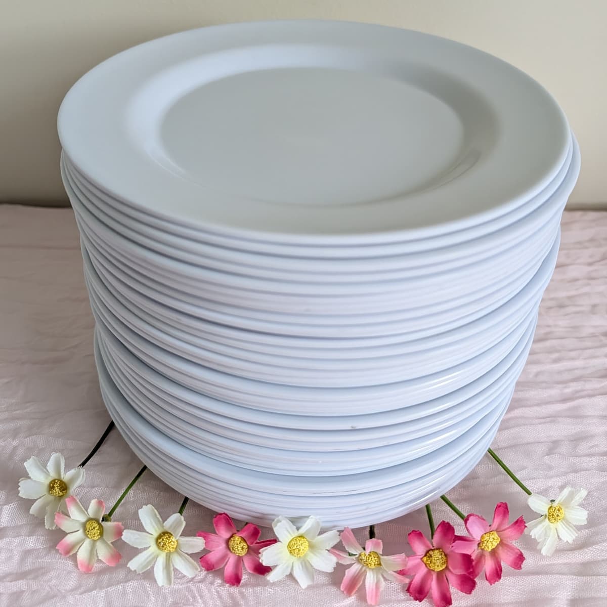 Stack of small white melamine side plates with daisies