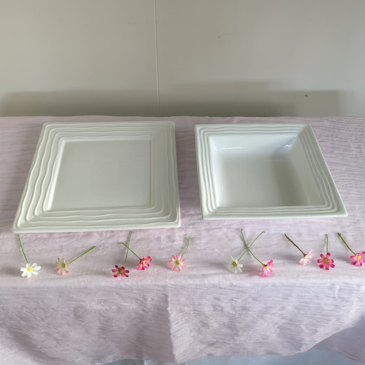 White ribbed square plate and matching deep bowl
